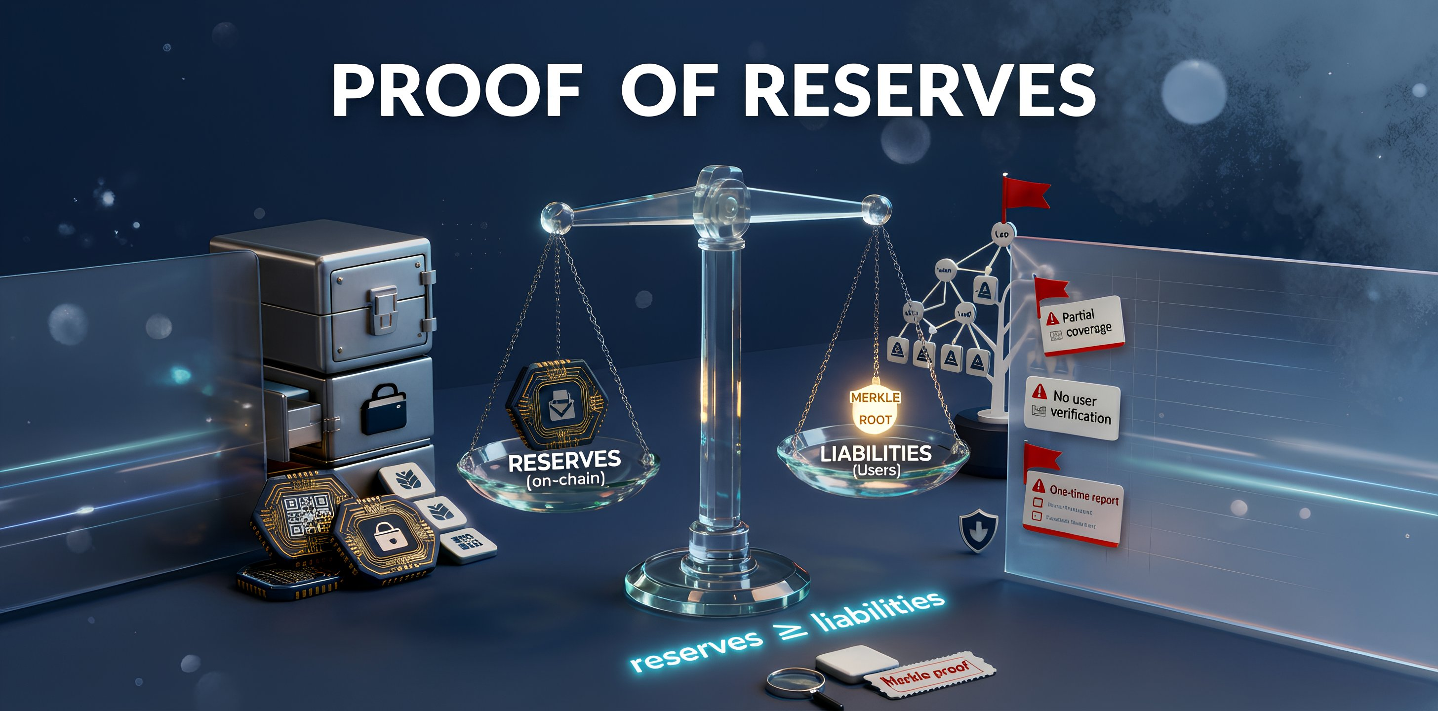 3D illustration of Proof of Reserves: scales compare on-chain reserves and liabilities, with Merkle proof and red flags nearby.