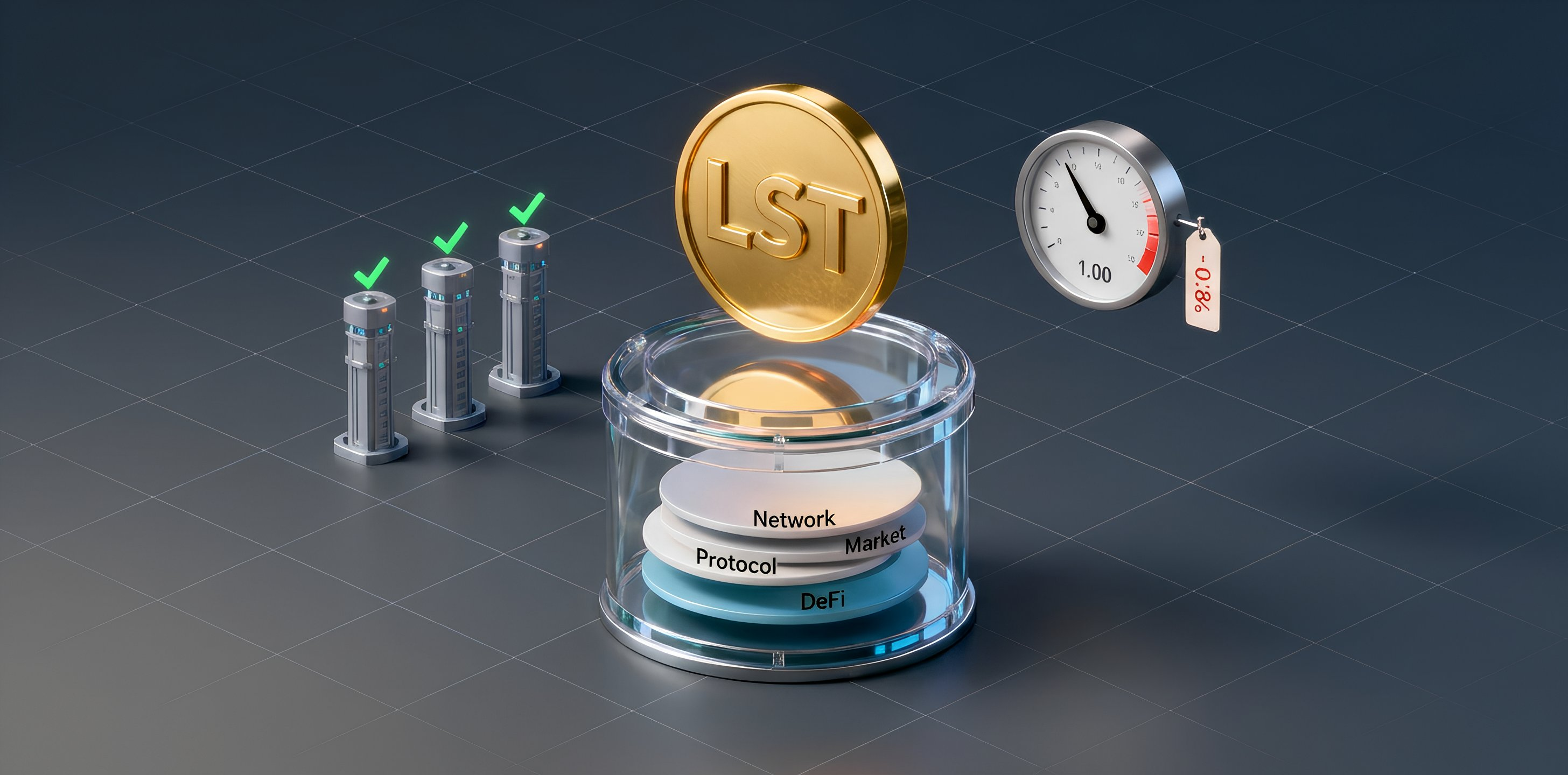 3D illustration of LST: a token above a transparent risk flask with Network, Protocol, Market and DeFi layers and a depeg indicator of -0.8%.