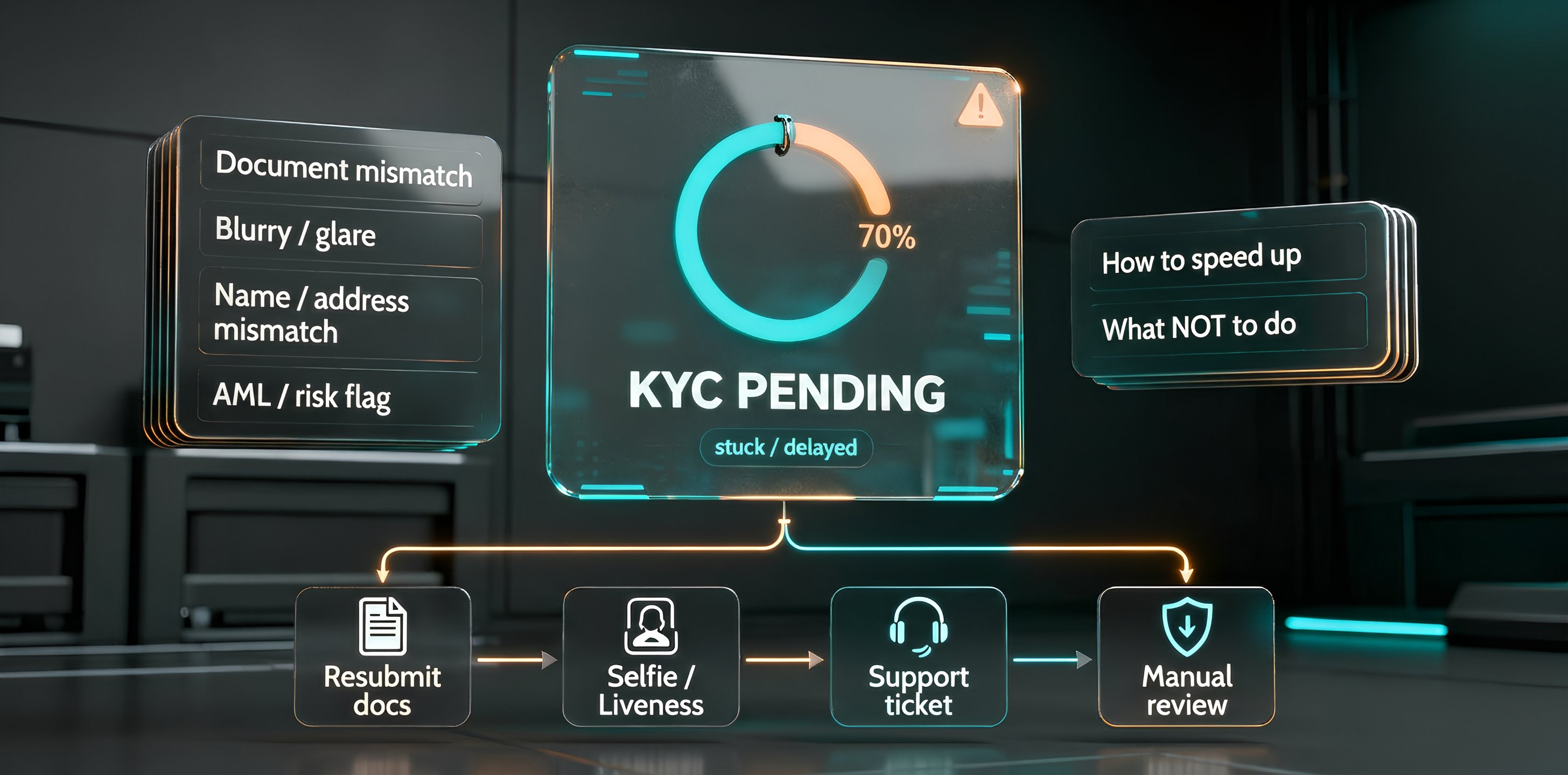 KYC page in a crypto exchange profile with Pending or Under review status, requirements and an unfinished identity-check step